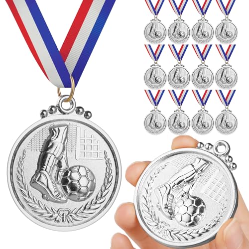 GeeRic - GeeRic 12 Pièces Médaille de Football en Argent avec Rubans de Cou, Médailles de Jeu de Football Prix étoiles en Or pour Le Sport, Les Compétitions, Les Fêtes, Le Style Olympique, Le Football - -7%