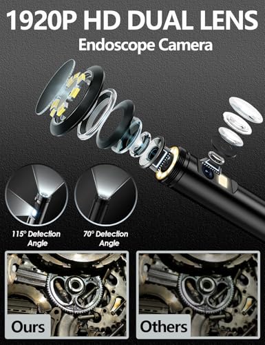 Cámara de endoscopio de doble lente con luz, boroscopio HD 1920P con 8 LEDs ajustables, cable semirrígido de 5 metros, herramienta de inspección impermeable IP68 miniatura 2