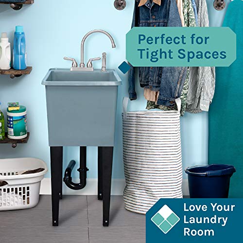 Grey Space Saver Utility Sink By Js Jackson Supplies, Freestanding Tehila Space Saving Laundry Tub, Stainless Steel Gooseneck Faucet With Side Sprayer #TOP2