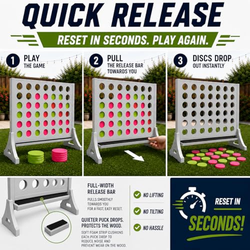 Image of Giant 4 in a Row Game for Family & Adults - Tailgating Pros Jumbo Grey Wooden Four in a Row Indoor & Outdoor Yard Game for Family Party Fun, Portable Activities for Patio, Backyard, and Camping