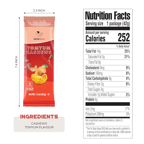 Image of NEWBAM Tom Yum Cashews - 12 Individual Packs (1.5oz) - Keto-Friendly | 7g net carbs, 6g protein. Vegan. Real Thai spice blend from Binh Phuoc, Vietnam.