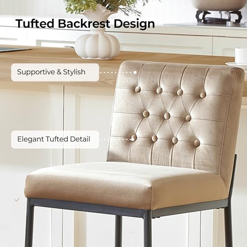 Image of CHITA Modern Bar Stools with Tufted Back Set of 4, 26 inch Counter Height Bar Stool with Metal Legs for Kitchen Island & Dining Room, Toffee Fabric, Black Frame