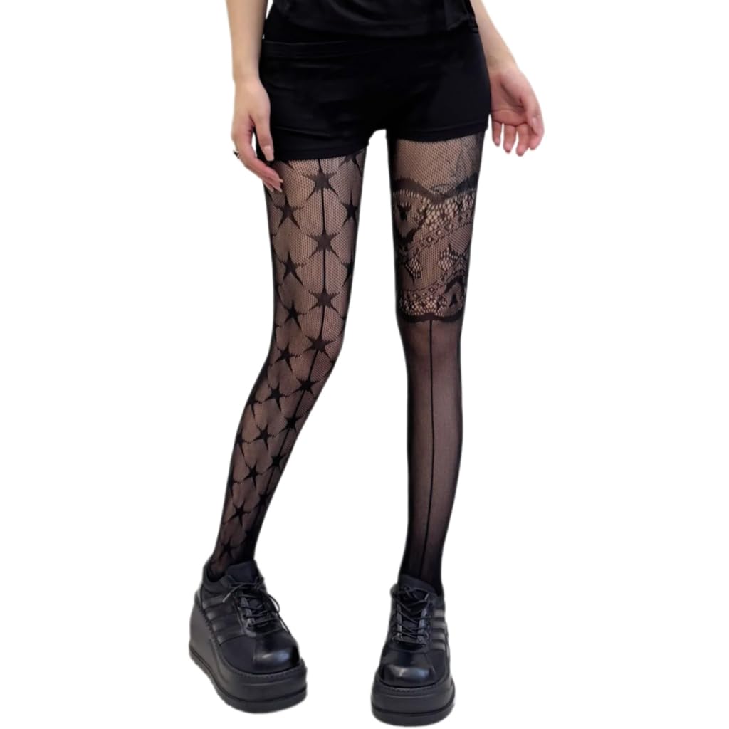 sodeber Women Sheer Lace Pantyhose Aesthetic Asymmetrical Hollowed Star Patterned Tights Bottoming Leggings Stockings