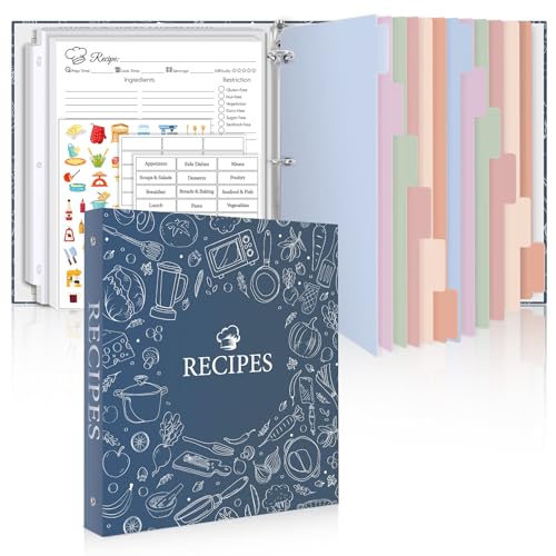 Recipe Binder 8.5x11 3 Ring 1 Round Rings Recipe Book to Write in Your own Recipes Recipe Binder with 60 Plastic Sleeves 12 Dividers 60 Blank Recipe Cards Family Recipe Organizer