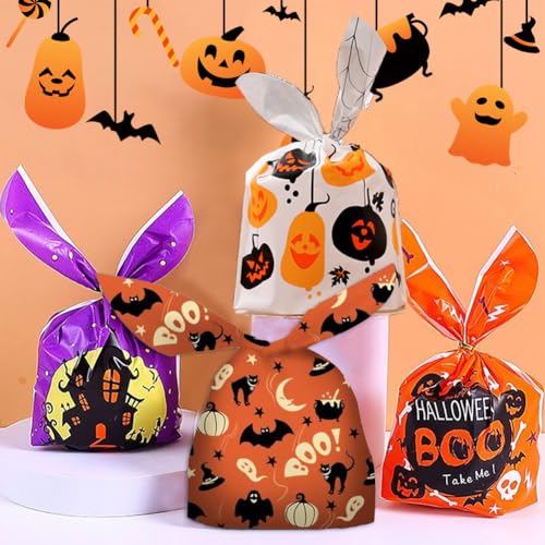Moeagel ハロウィン キャンディーバッグ 4種類40枚入り 可愛いウサギ耳タイプ かぼちゃ 幽霊 お化け屋敷 ハロウィン雰囲気 満々 使いやすい ハロウィーン お菓子袋 キャンディ チョコレート 小分け ラッピング袋 業務用 お店用 (40枚入り)