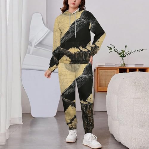 Boys Girls Sweatshirt Set Kid 2 Piece Pullover Hoodie Jogger Sweatpants, Crow Raven Vintage2