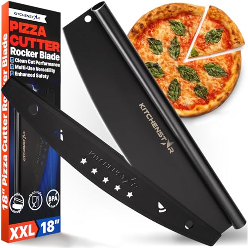 Image of 18aa‚¬A Black Non-Stick Pizza Cutter by KitchenStar | Sharp Stainless Steel Slicer Knife - Rocker Style w Blade Cover | Chop and Slices Perfect Portions + Dishwasher Safe aa‚¬a€oe Premium Pizza Oven Accessories