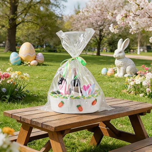 Image of Mothers Day Gifts Basket for Mom Wife Women Her Small Woven Gift Baskets Empty with Cellophane Bags and Ribbons, Nursery Chest Box Cotton Rope Shelf Storage Basket with Handles, 14.2 inchx 9.8 inchx 5.1 inch