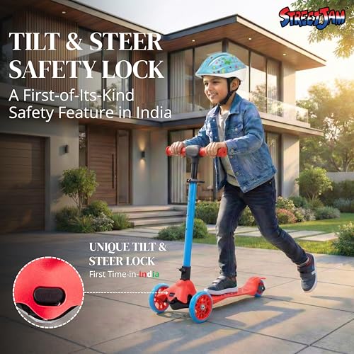 Image of STREETJAM Komiks Kids Kick Scooter for 3-12 Years, Tilt & Turn Safety Lock (1st Time in India), BIS Approved, Lean-to-Steer, Wide Deck, Adjustable Height, Up to 35 kg Load (Red with Blue)