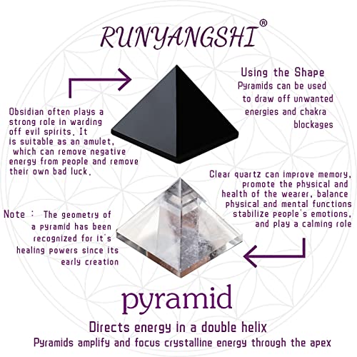 Image of Runyangshi 2pc Clear Quartz + Obsidian Pyramid | 1.6x1.6in (4x4cm) Natural Crystal Energy Generator for Protection & Positive Energy | Healing Crystal Pyramid for Chakra Reiki Home Decor