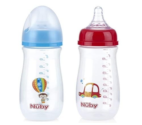 Nuby Botella de cuello ancho con sistema de aire anticólicos, azul y rojo