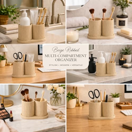 Image of Aesthetic Toothbrush Holder for Bathroom, Dual Cup Ribbed Design, Toothbrush & Toothpaste Organizer Stand, Modern Bathroom and Stationery Accessories Holder (Beige)