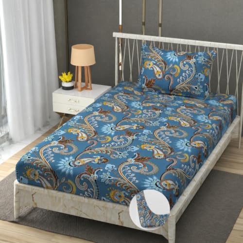 Image of Vram Premium Heavy Cotton Elastic Fitted Bedsheets with 1 King Size Pillow Covers || Single Bed with All Around Elastic 350 TC || 36 x 78 x 6 Inch Single Size Fitted || :- Blue Jaipuri