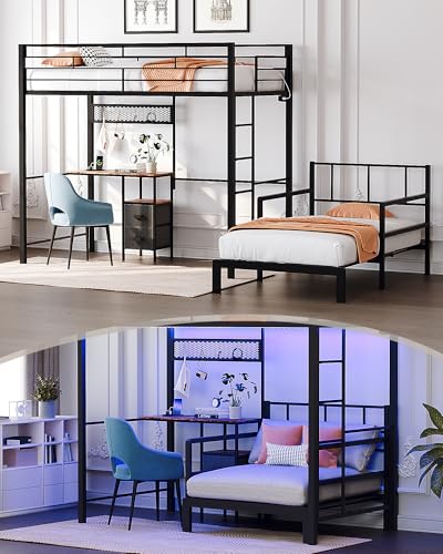Image of VINGLI Twin Over Twin Bunk Bed with Desk, 15'' Extra High Guardrail Loft Bed with LED Lights,2 Charging Station,and 2 Storage Drawers,2 Deckers Bed,Metal Space Saving Platform Bed with Vanity,Black