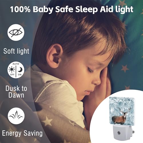 Image of Red Deer in Winter Forest Night Light Plug into Wall, Beautiful Christmas Scenery Dusk to Dawn Night Light,0.5w Energy Saving Sleep Friendly Nightlights for Kids Boys Girls Home Decor