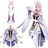 ★【符玄 コスプレ】：「この一歩は、吉と出るかしら、凶と出るかしら？」。「仙舟同盟」の旗艦6隻のうちの5隻仙舟「羅浮」で登場したキャラクタ符玄のコスプレ衣装です。 ★【厳選された上質な素材】：こちらのウィッグの素材はいつも良い評価が多い180度耐熱性ファイバーです。衣装の生地は素材は70%生糸&30%ポリエステル混紡。軽くて耐久性が高い、速乾性がある、色落ちしないといういくつ特徴が持っています。熱耐性が低いですが、弾力性があるので、シワになりにくいです。アイロン使う時、低温でもシワが消せます。 ...