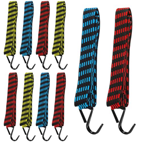 10 PCS Bungee Cords with Hooks,Heavy Duty Weatherproof & UV-Resistant Elastic Bungee Straps,Braided Anti-slip Flat Rubber Straps for Securing Tarps,Luggage,Tents,Bikes