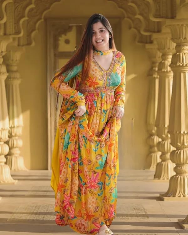 Image of KD Georgette Women's Anarkali Floral Printed Kurta Pant Set with Dupatta Kurta Kurti for Women