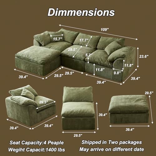 Image of Cloud Couch Sectional for Living Room, Modular L Shaped Boneless Sofa with Chaise, Compressed No Assembly Couch, Deep Seat Chenille Upholstered Convertible Sofa Bed (Green)