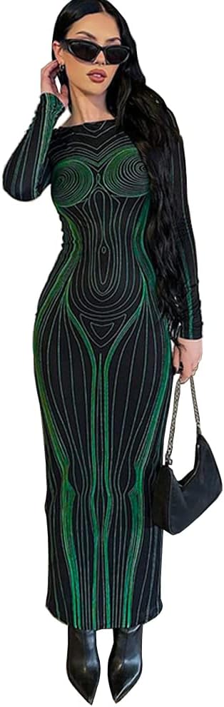 Women's Long Sleeve Bodycon Dress Unique 3D Print Sexy Body-Shaping Party Clubwear Long Maxi Pencil Dress