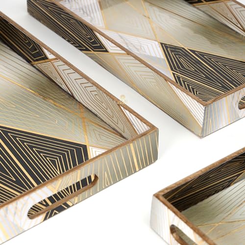 Image of Set of 3 Waterproof Lacquer Coated Wooden Trays - Geometric Abstract Design, Multipurpose MDF Serving Tray Set with Handles (16x10, 14x8, 12x6 Inches) (PremiumSetof3- Geometric)