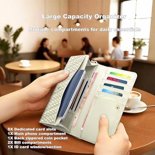 Image of Womens Wallet, RFID Blocking Wristlet Wallets for Women, Large Capacity Leather Clutch Purse for Ladies Daily Use and Travel, Card & Phone Holder - White