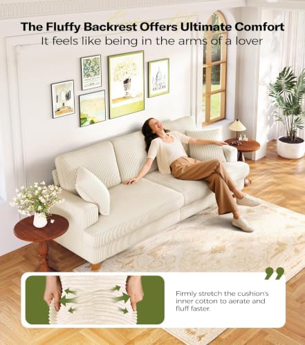 Image of Kidirect 87in Corduroy Couch, 3 Seater Sofa, Sofas & Couches, Beige Couch | No Tool Assembly, Comfy Couches for Living Room, Oversized Loveseat Sofa, 21in Deeper Seat, Sofas for LIving Room & 2 Pillows