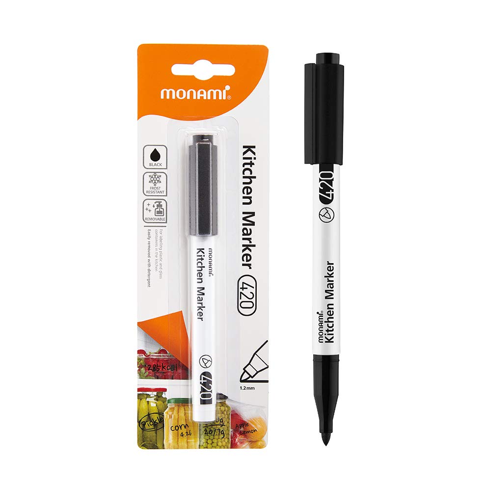 MONAMI Kitchen Marker 420, feine Spitze (1,2 mm), Permanentmarker für Kunststoff-Gefrierbeutel, Frischhaltedosen, Ziploc, radierbar mit Spülmittel, schwarz, 1 Stück