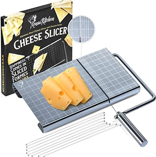 Cheese Slicers With Wire - Cheese Slicers for Block Cheese Incl. 8 Extra Wires with Accurate Size Scale On Cheese Slicer Board for Prices Cuts - Ideal Cheese Cutter with Wire for Charcuterie Boards