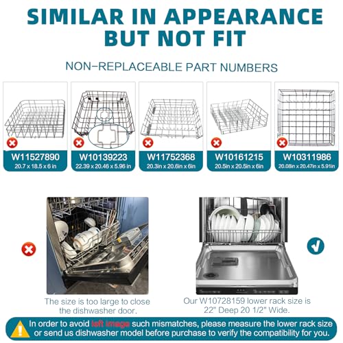 Upgraded W10728159 W10525646 OEM Dishwasher Lower Dishrack for Kitchenaid Dishwasher, W10082825 Dishwasher Lower Rack Fit for Maytag Dishwasher Rack Parts 22" Deep by 20 1/2" Wide