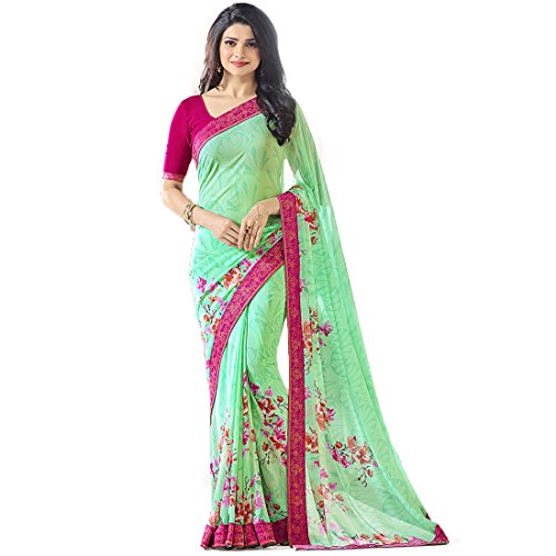 Image of RAJESHWAR FASHION WITH RF Women's Floral Printed Georgette Sarees For Women With Jacquard Work Lace Border & Blouse(Pink Red Free Size 6.30 Mtr)