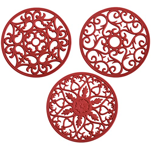 SPUVGVC Silicone Trivets for Hot Pots and Pans, Multi-Use Carved Mat, Insulated Kitchen Mats, Flexible Table Trivet for Hot Dishes, Countertop Pot Holders Pads Set 3 Wine Red