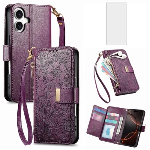 Étui pour iPhone 16 portefeuille fermeture éclair anti-choc avec dragonne