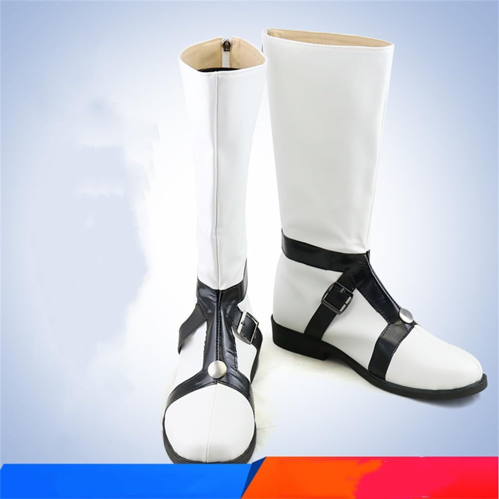 White Faux Leather Knee-High Boots with Black Strap & Buckle Detail Versatile Footwear for Casual Themed Costume Events