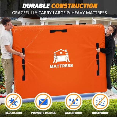 Image of Mattress Bags for Moving, BETU Mattress Protector Waterproof Mattress Cover Queen Size Storage Bags with 8 Heavy-Duty Handles and Zipper for Bed Extra Thick Large Reusable (82 inchx62 inchx15 inch Orange)