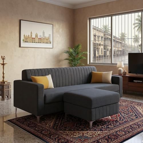 Image of SOCOZI Anton 4 Seater L Shape Sofa Set with Movable Ottoman | Flexible Left or Right Layout | Soft Velvet Suede Fabric | Modern Design | Plush Comfort Cushions for Living Room (Dark Grey)