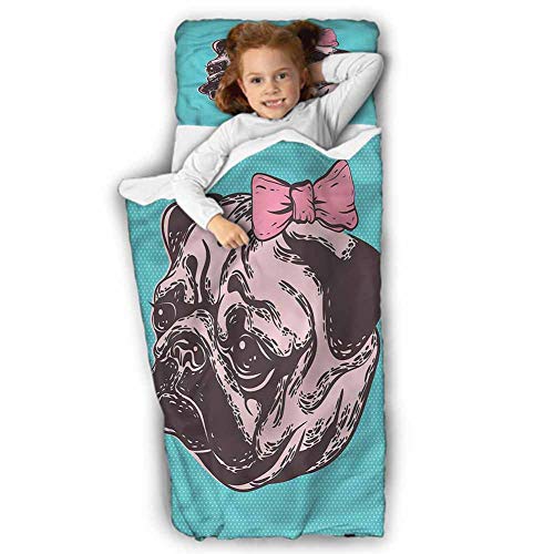 Pug Children’s Sleeping Bag Cute Dog with Pink Buckle for Preschool, Daycare, Kindergarten