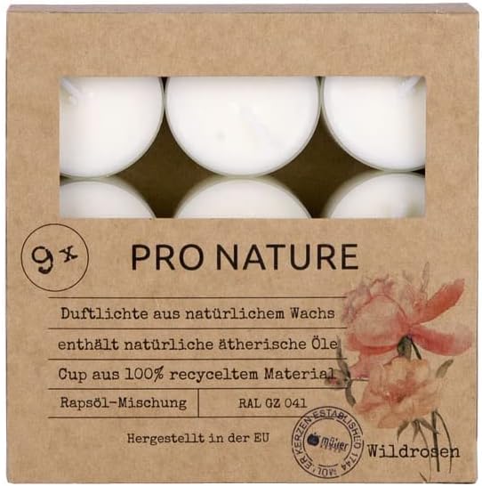 Müller PRO Nature Scented Tealights Candles - 9 White Wild Rose Candles - 38 x 24 mm - Burn Time 6 Hours - Natural Wax and Rapeseed Oils - 100% Recycled Material