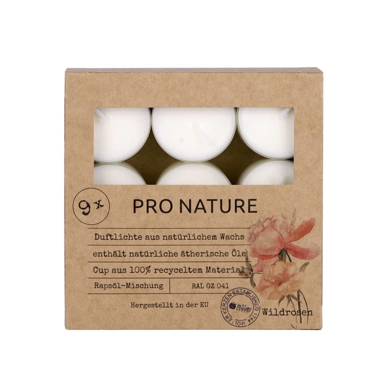 Müller PRO Nature Scented Tealights Candles - 9 White Wild Rose Candles - 38 x 24 mm - Burn Time 6 Hours - Natural Wax and Rapeseed Oils - 100% Recycled Material