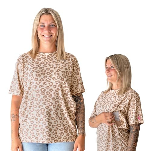 Soulmum Stillshirt Kurzarm mit verstecktem Reißverschluss Umstandsmode Stilltop und Umstandshirt für Schwangerschaft & Stillzeit aus feinem Bambusjersey (Leo Größe: L)