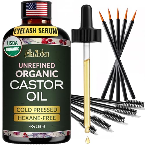 Ella & Eden Organic Castor Oil for Eyelashes - 4 Fl Oz Glass Bottle Lash Serum - for Eyebrows, for Hair Growth - Cold-Pressed Hexane-Free USDA Certified 100% Pure Unrefined