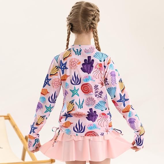 Vogseek 3-12T Girls Rash Guard 2 Pieces Bathing Suit Long Sleeve Swimsuit Swimming Skirt with Shorts Swimwear - Image 3
