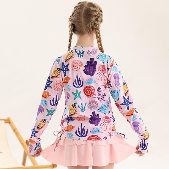 Image of Vogseek 3-12T Girls Rash Guard 2 Pieces Bathing Suit Long Sleeve Swimsuit Swimming Skirt with Shorts Swimwear
