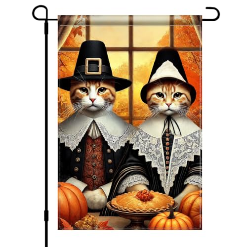 Image of BlissYard Fall Garden Flag 12x18 Inch Cat Pumpkin Thanksgiving Decor | Double sided polyester, fall pilgrim cat pumpkin design, cozy cat lover decor for Thanksgiving porch and yard