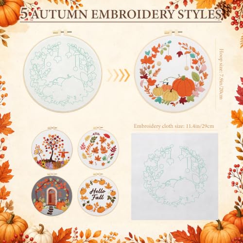Image of 5 Sets Fall Embroidery Kits for Beginners, Autumn Pumpkins and Maple Leaves Embroidery Starter Kit for Adults Thanksgiving Gifts with Stamped Pattern DIY Needlepoint Kit Cross Stitch Set with 2 Hoops