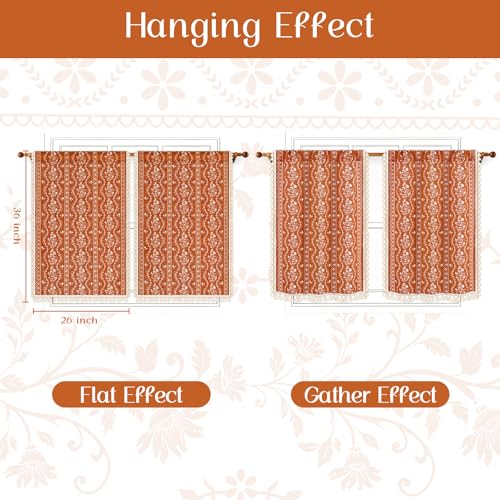 Image of Yinhua Boho Kitchen Curtains 36 Inch Length Vintage Linen Cafe Curtains Light Filtering Bohemian Floral Tier Rod Pocket Farmhouse Rustic Tassel Small Drapes with Tiebacks, 2 Panels, Orange