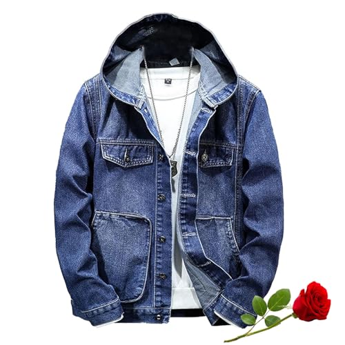 Jeansjacke mit Kapuze für Herren, lässig, schmale Passform, Denim-Jacke, Button-Down-Jeansmantel, langärmelig, Trucker-Kapuzenjacken, Oberbekleidung (Blau, XL)
