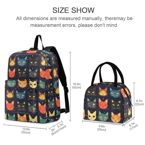 Backpack Lunch Bag Set Cartoon Face Cats Print, Big Storage Travel Backpacks with Insulated Lunch Box for Office Hiking Picnic2