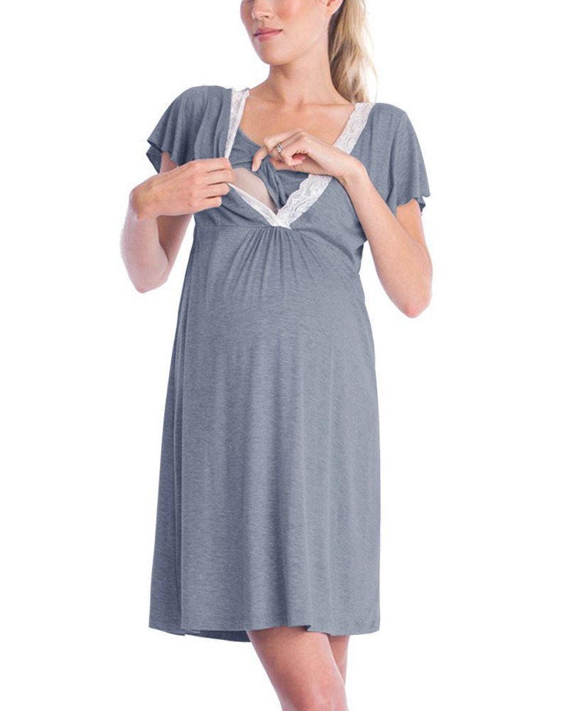Dotbuy-Shop Women's Gray Dotbuy Pregnant Nightdress, Maternity Dress Nursing Nightdress For Breastfeeding Nightgown Sleepwear (L, )