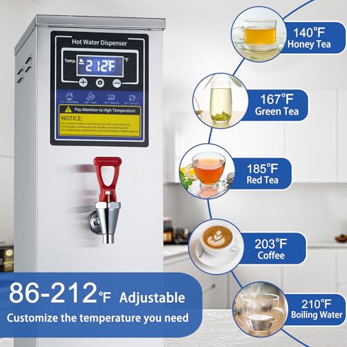 Image of Hot Water Dispenser Commercial Water Boiler Countertop Hot Water Machine Stainless Steel Step-heating Temperature Control 86-212F for Boba Tea Coffee Office Restaurant 1600W, 30L(8GAL) /Hour, Silver
